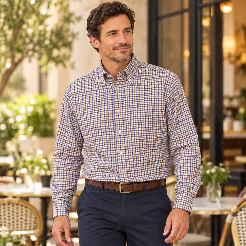 Jeff Rose Men’s Large Plaid Button Down Shirt Made Italy 100% Cotton Multicolor